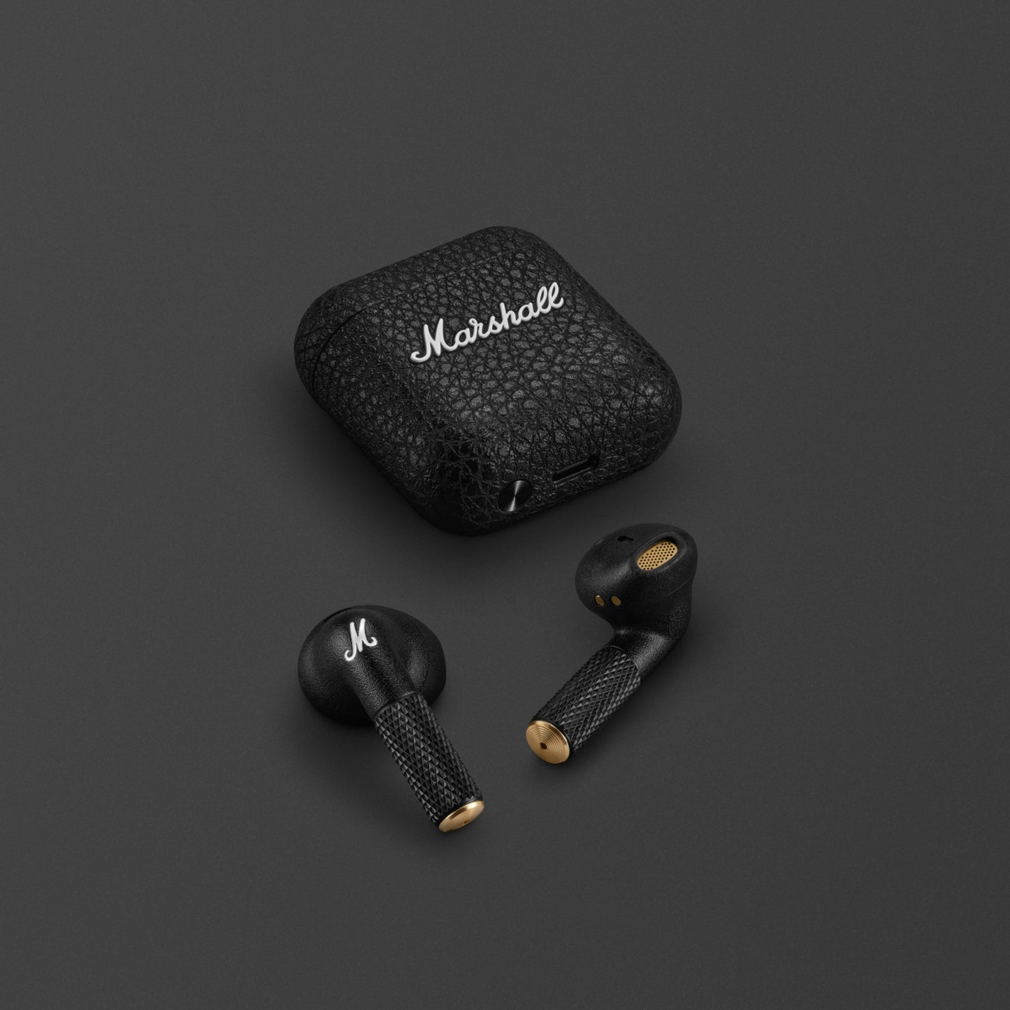 Marshall Minor IV Black earbuds detail view outside case