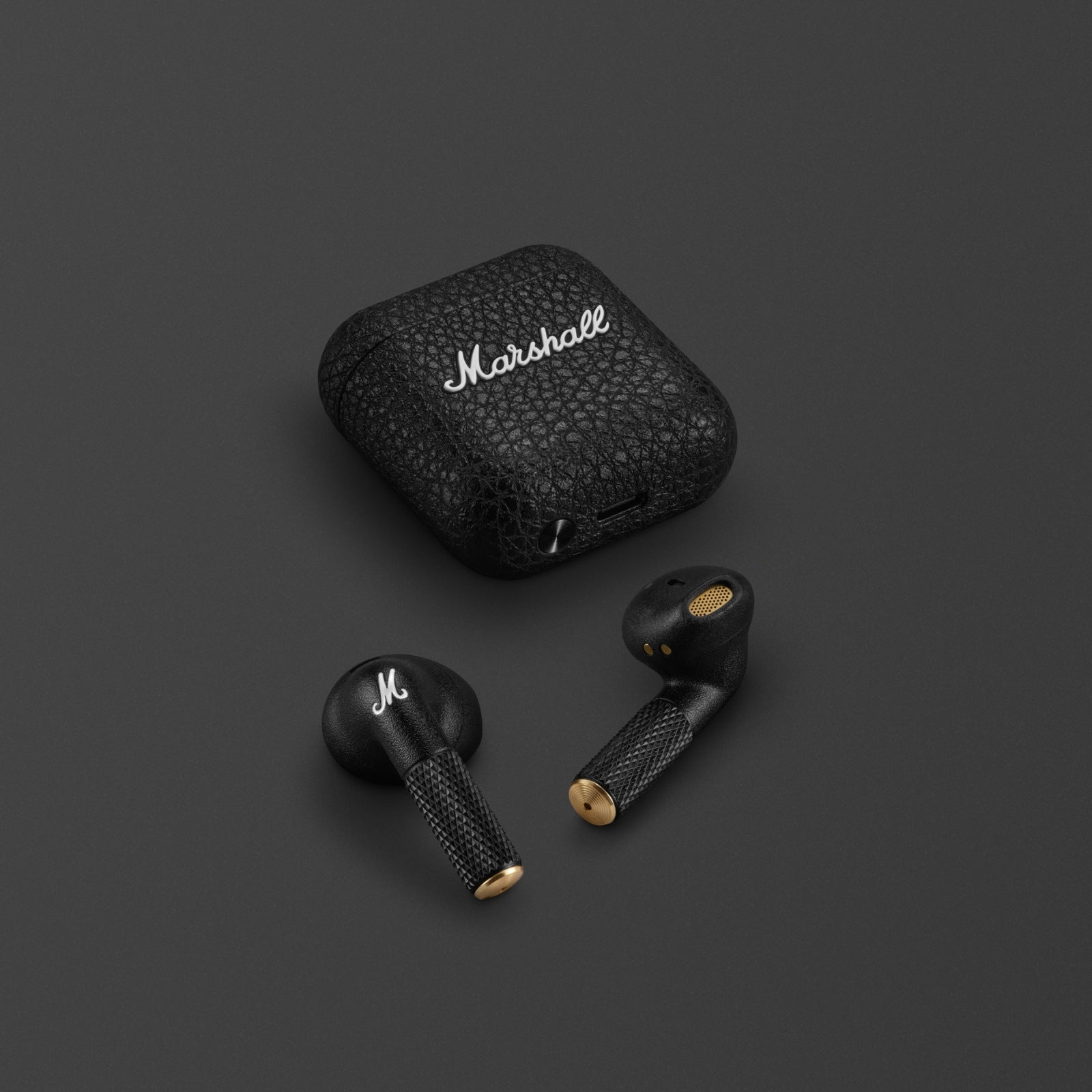 Marshall Minor IV Black earbuds detail view outside case
