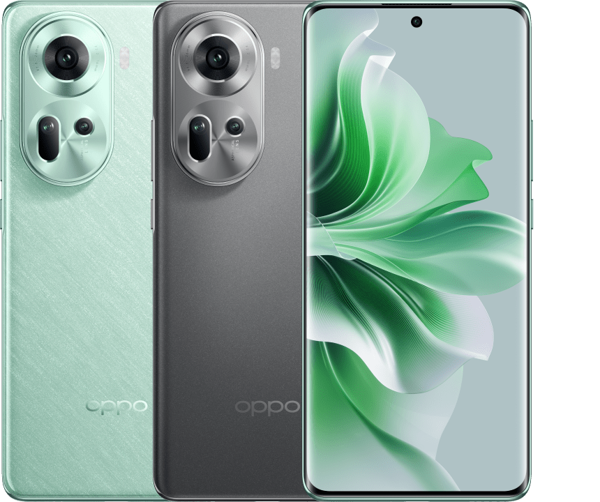 OPPO Reno11 5G official product image - Wave Green and Rock Grey colourways