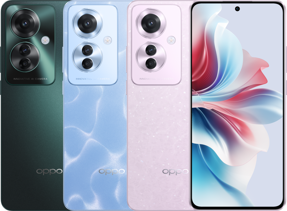 OPPO Reno11 F 5G official product image — Palm Green, Ocean Blue, Coral Purple