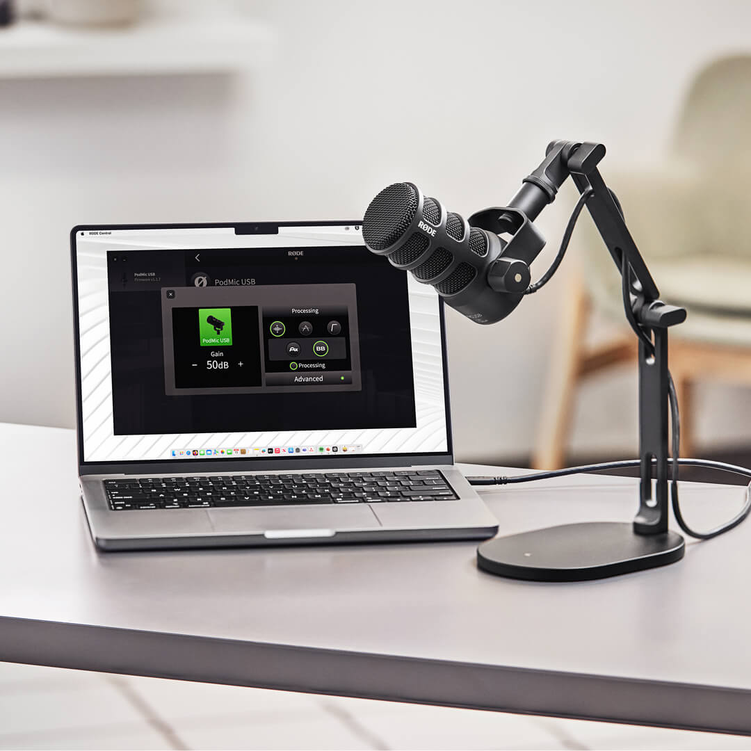RODE PodMic USB mounted on a DS2 arm connected to a MacBook