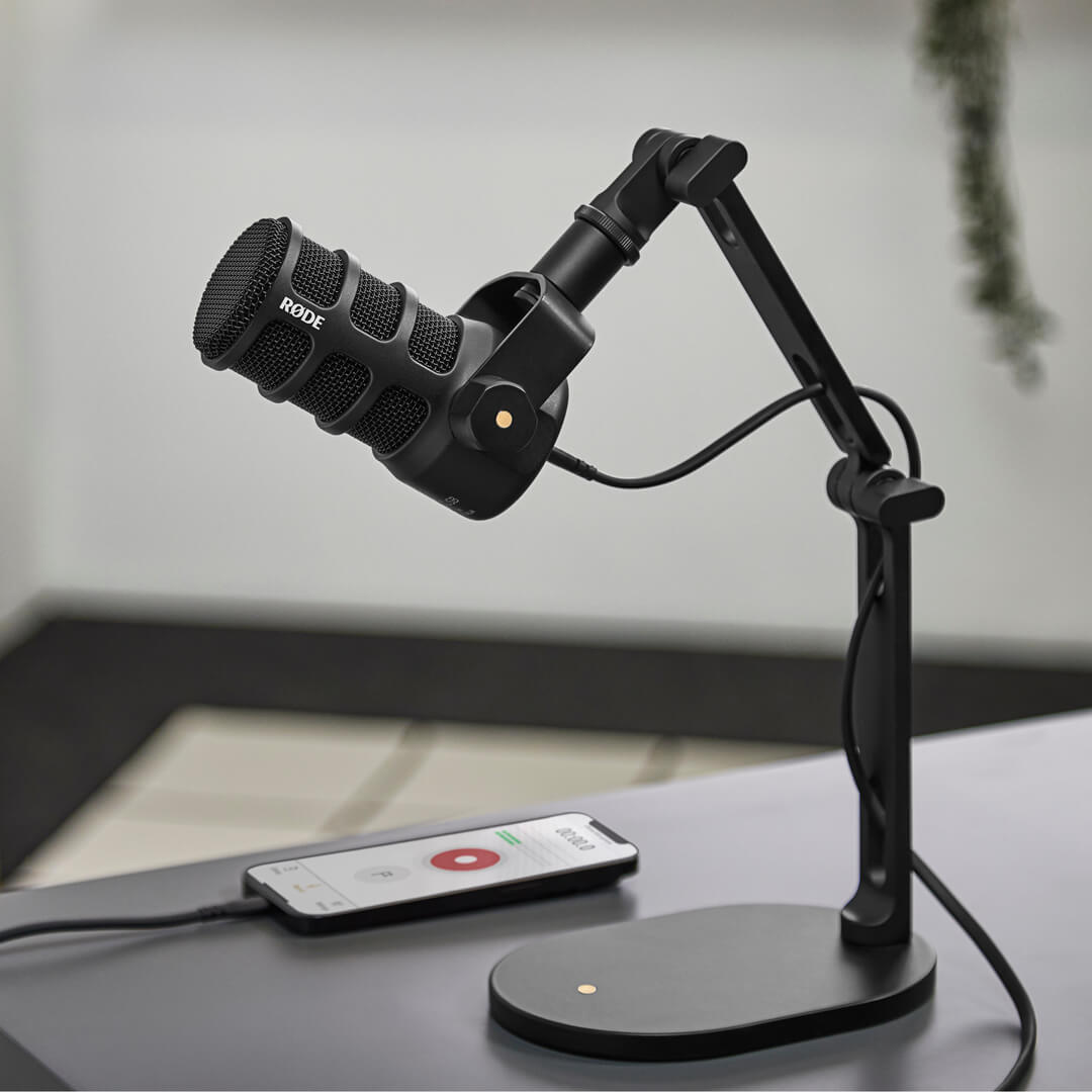 RODE PodMic USB connected to an iPhone for mobile recording