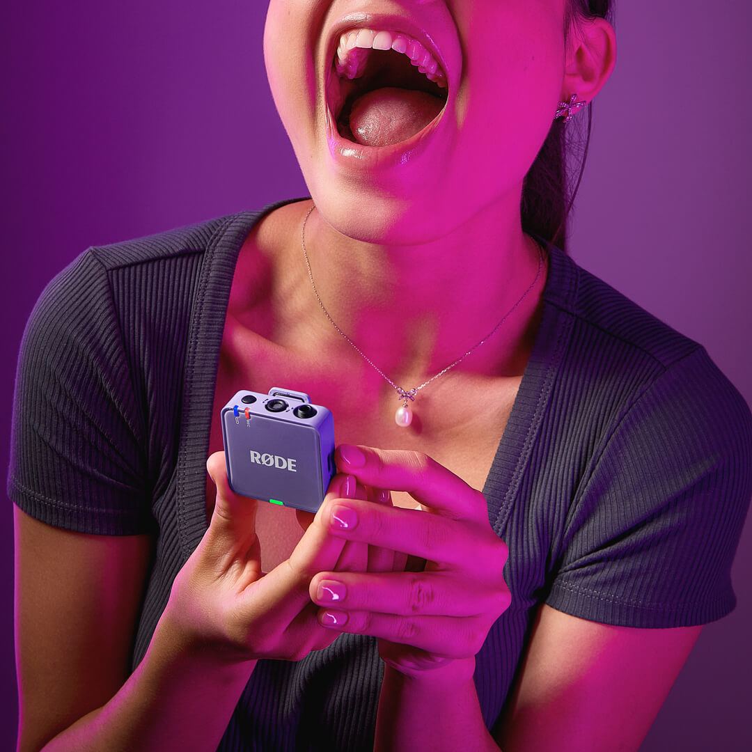 RODE Wireless GO Gen 3 transmitter clipped to talent recording 32-bit float audio