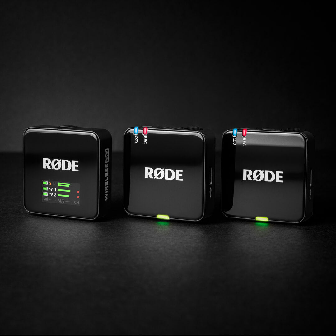 RODE Wireless GO Gen 3 transmitter and receiver on black background