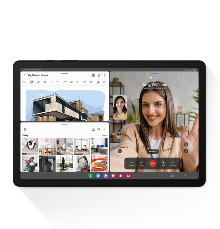 Samsung Galaxy Tab A9+ multi-window view running three apps at once