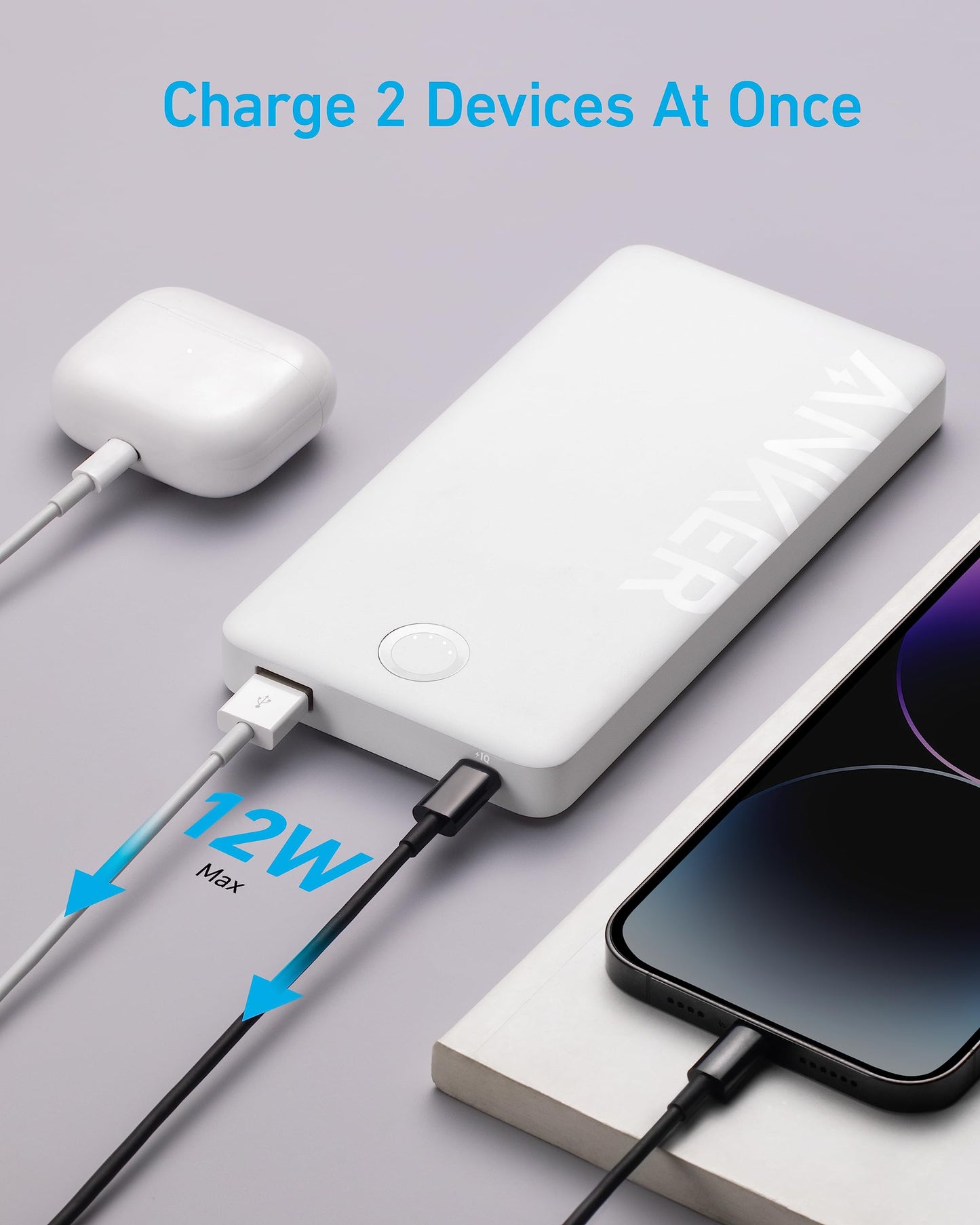 Anker 323 Power Bank in White - USB-C and USB-A ports detail