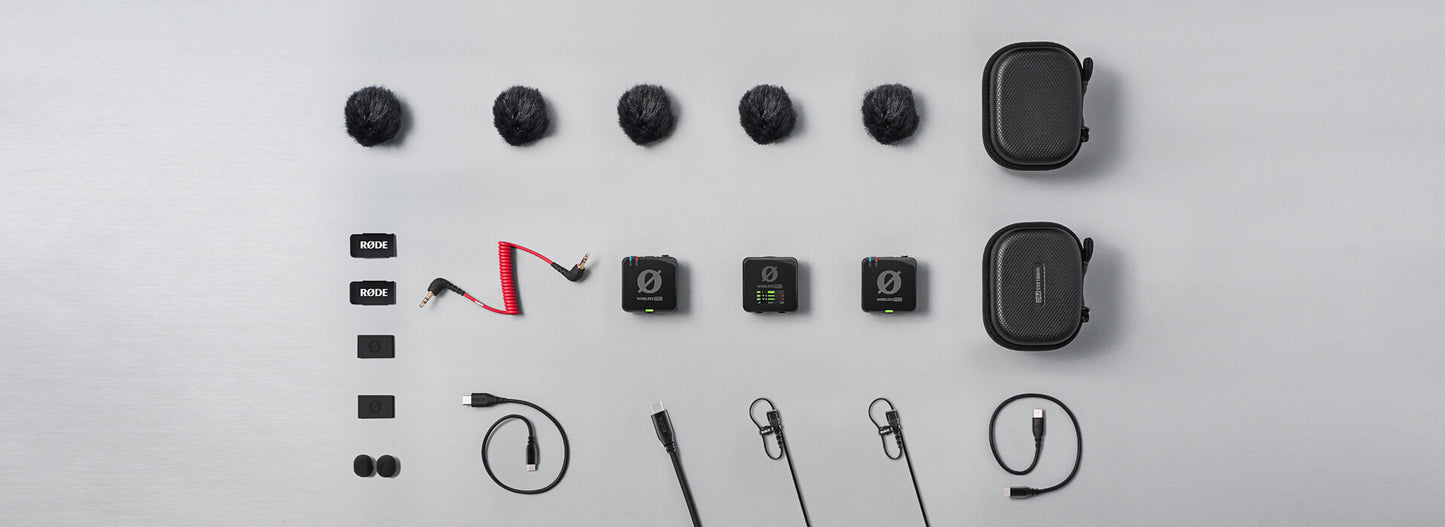 RODE Wireless PRO kit contents: transmitters, receiver, charging case and accessories