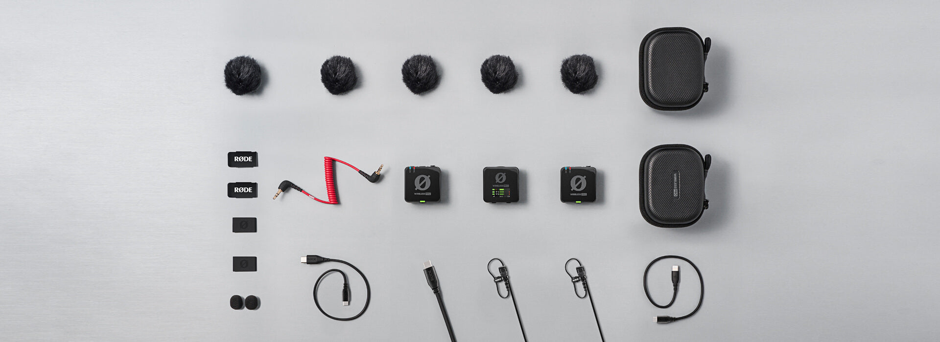 RODE Wireless PRO kit contents: transmitters, receiver, charging case and accessories