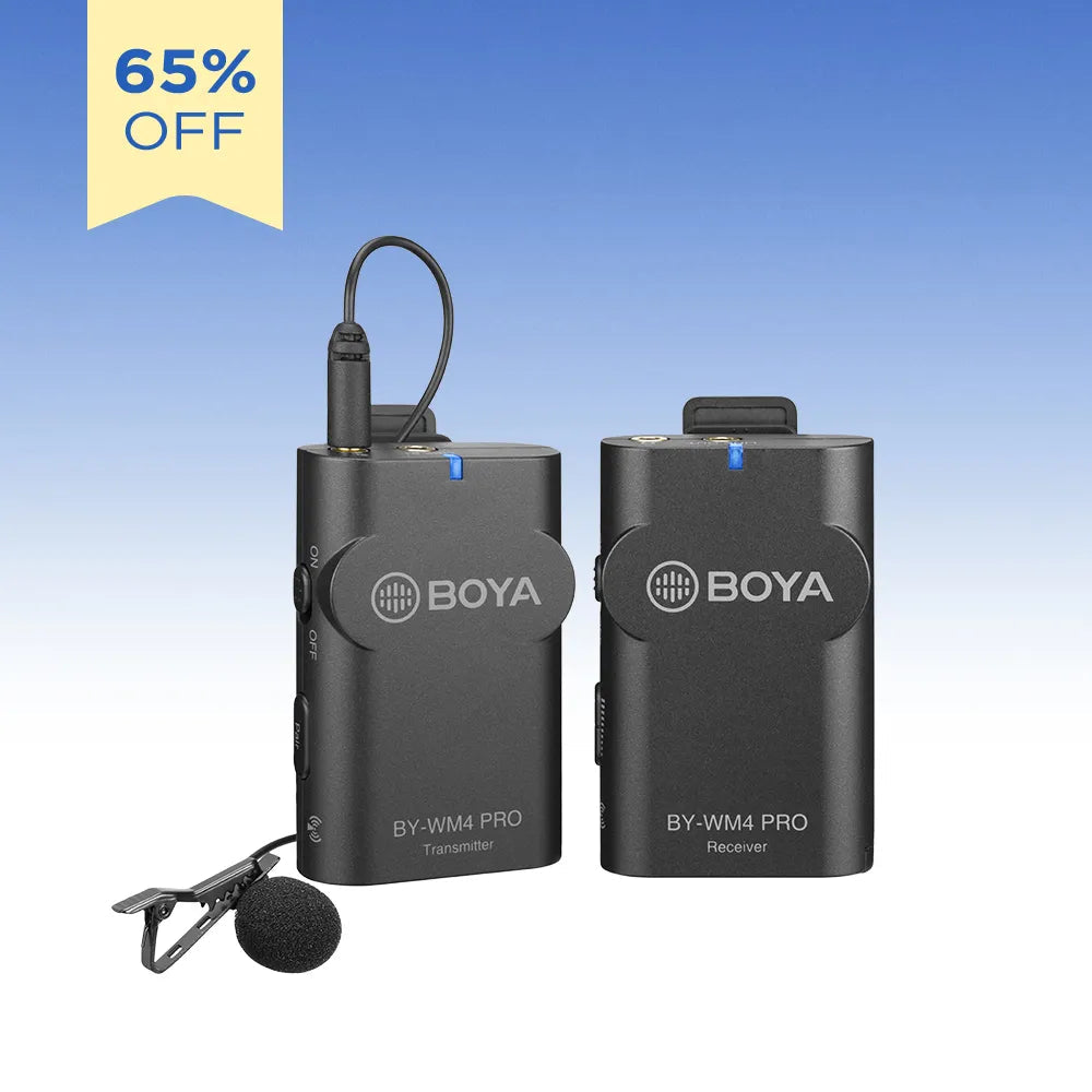 BOYA BY-WM4 PRO wireless lavalier microphone system, receiver and transmitter