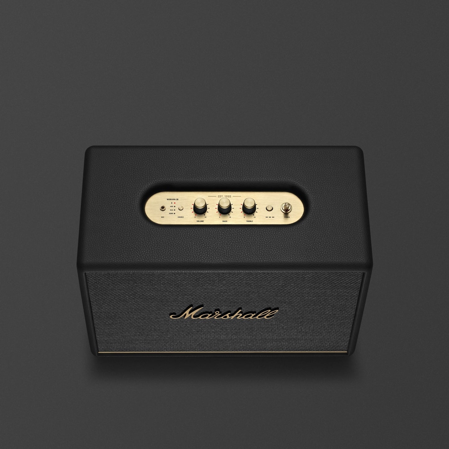 Marshall Woburn III Black speaker viewed from above showing top control knobs