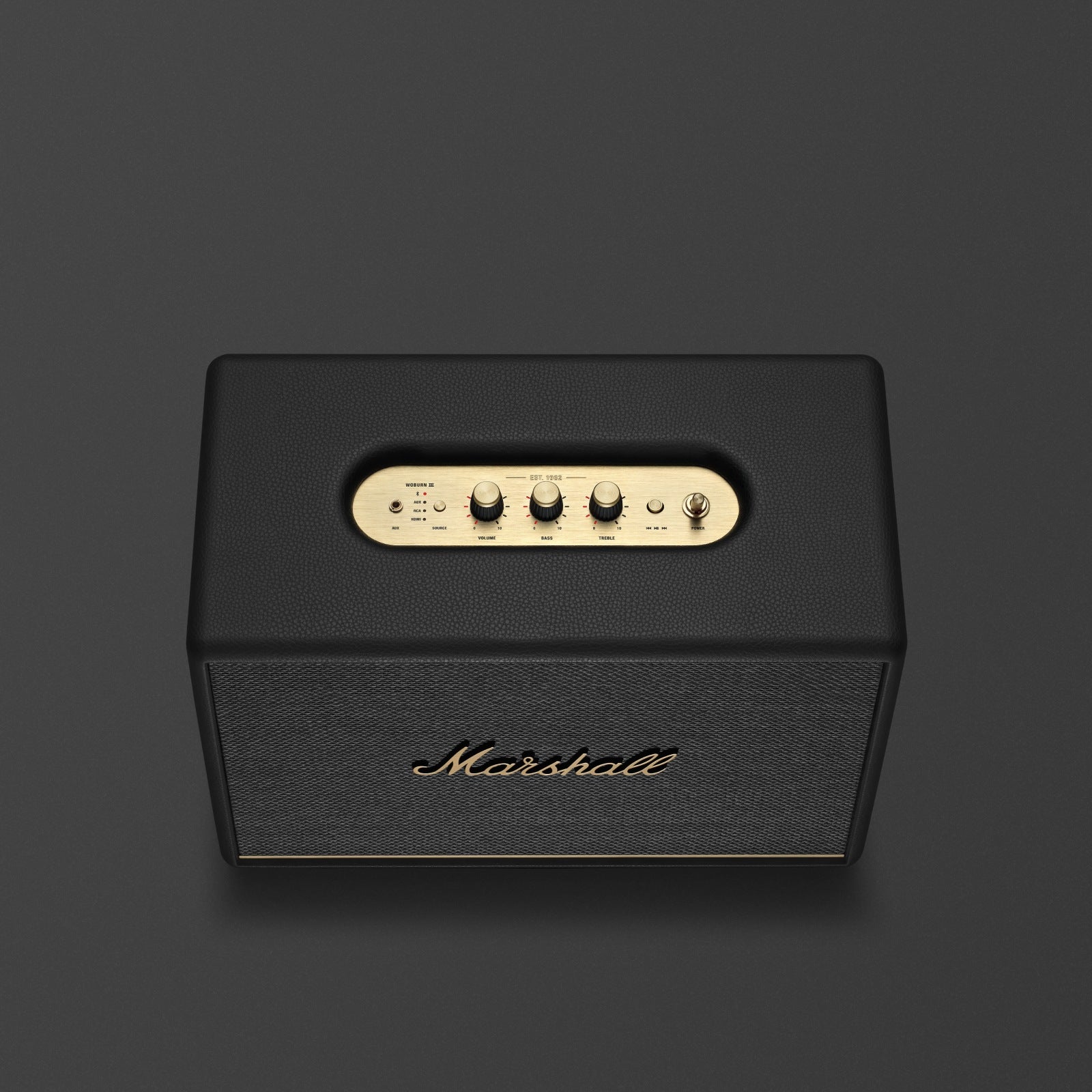 Marshall Woburn III Black speaker viewed from above showing top control knobs